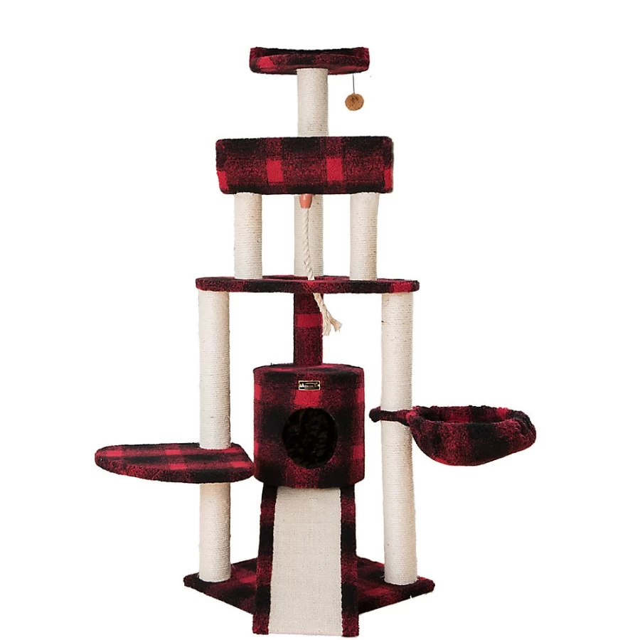 PetSmart Armarkat 58-inch Classic Faux Fleece Cat Tree with Real Wood Perch, Red & Black Tartan Plaid Design