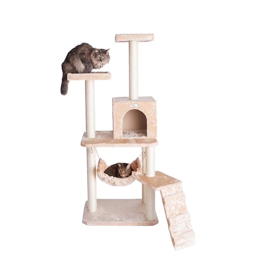 PetSmart GleePet 57-inch Cat Tree with Faux Fur Condo, Hammock & Running Ramp - Real Wood Construction, Beige