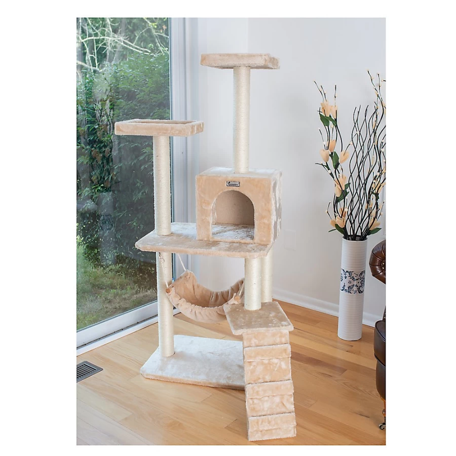 PetSmart GleePet 57-inch Cat Tree with Faux Fur Condo, Hammock & Running Ramp - Real Wood Construction, Beige