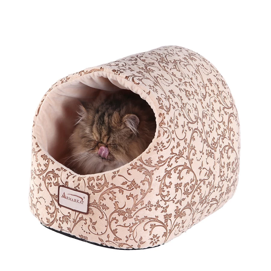 PetSmart Armarkat Luxe Velvet Enclosed Cat Bed - Beige Brown Floral Design for Cozy Comfort
