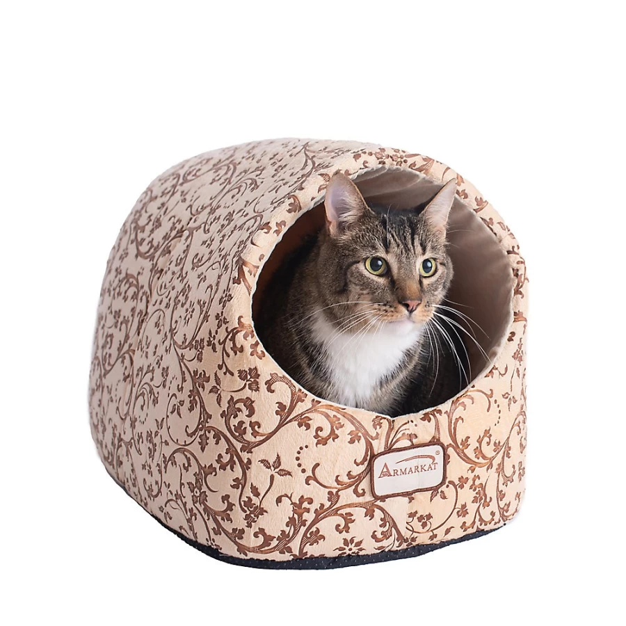 PetSmart Armarkat Luxe Velvet Enclosed Cat Bed - Beige Brown Floral Design for Cozy Comfort
