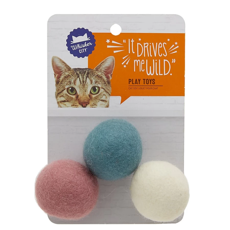 PetSmart Whisker City 3-Pack Wool Cat Toys for Play & Exercise - Natural Fiber Cat Balls, Interactive Kitty Play