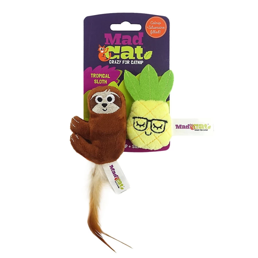 PetSmart Mad Cat Tropical Sloth Cat Toy - 2 Pack with Catnip & Silvervine, Soft Plush Cat Toys for Play