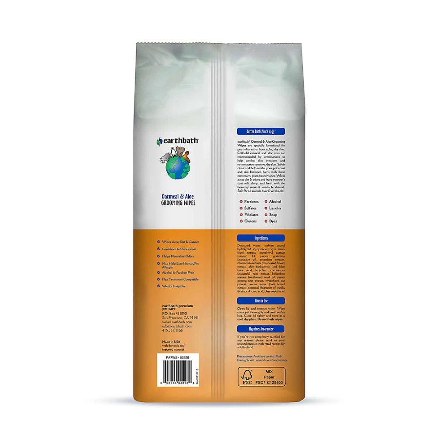 PetSmart Earthbath Oatmeal & Aloe Pet Grooming Wipes - Vanilla Almond Scent, XL Size, 100 Count for Dogs & Cats