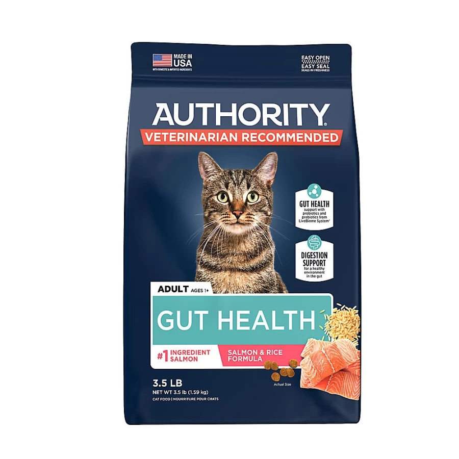 PetSmart Authority Gut Health Dry Cat Food with Salmon & Rice - With-Grain Formula for Digestive Support
