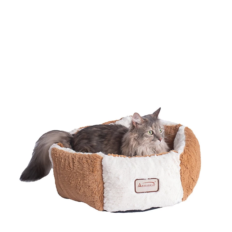 PetSmart Armarkat Earth Brown & Ivory Plush Cat Bed - Cozy Cuddler for Cats
