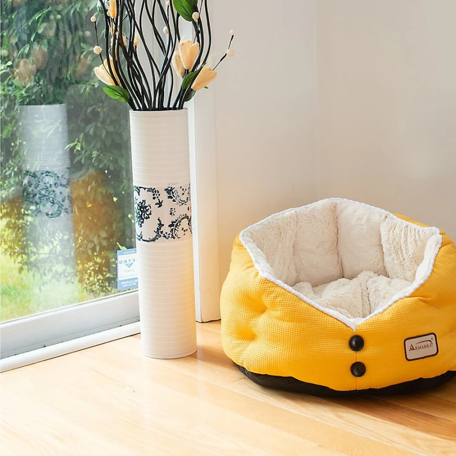 PetSmart Armarkat Gold Waffle Buttoned Bolstered Cat Bed for Comfort & Style