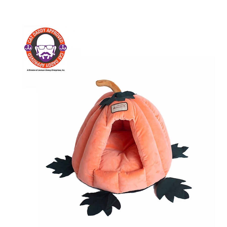 PetSmart Armarkat Velvet Orange Pumpkin-Shaped Cat Bed for Cozy Comfort