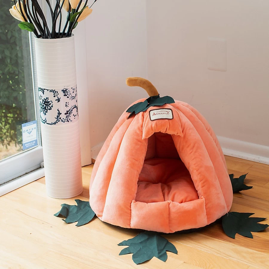 PetSmart Armarkat Velvet Orange Pumpkin-Shaped Cat Bed for Cozy Comfort