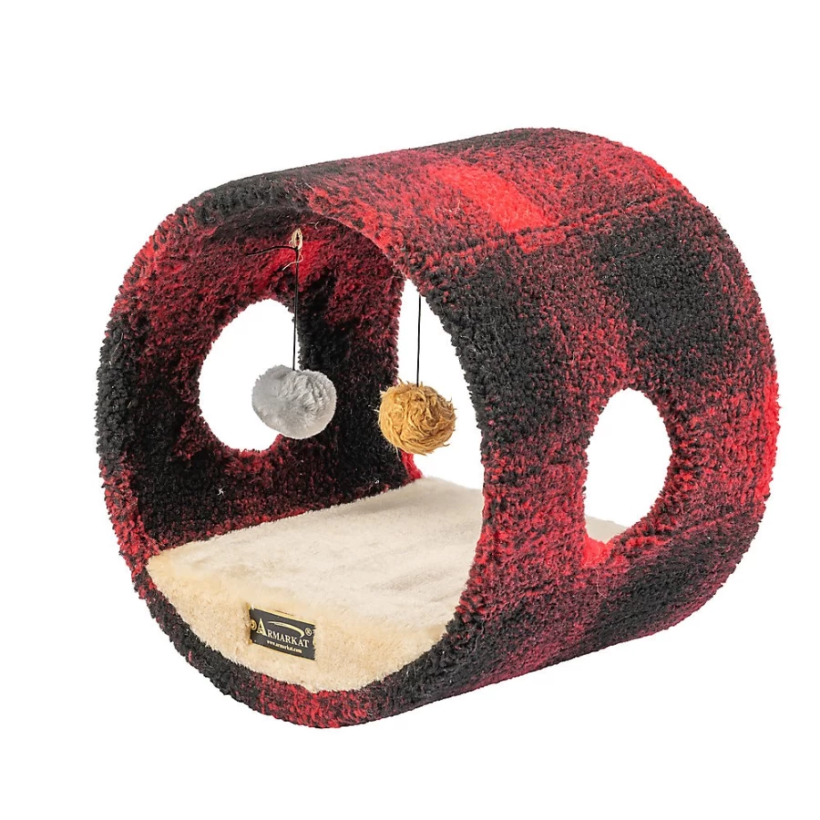 PetSmart Armarkat Red & Black Plaid Cat Tunnel Toy with Real Wood Frame for Indoor Play