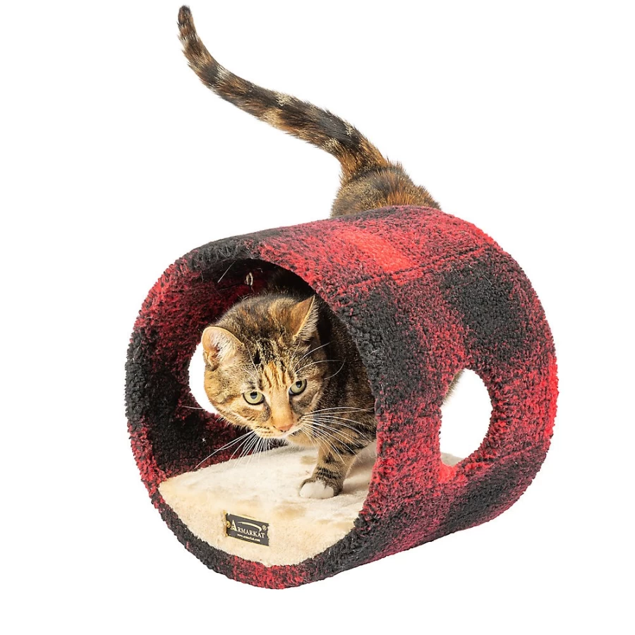 PetSmart Armarkat Red & Black Plaid Cat Tunnel Toy with Real Wood Frame for Indoor Play