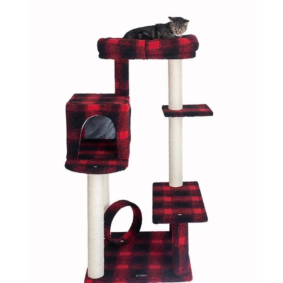 PetSmart Armarkat 50-inch Cat Tree with Faux Fleece Cover, Real Wood Perches, and Red Black Scotch Plaid Design - Cozy Condo for Cats