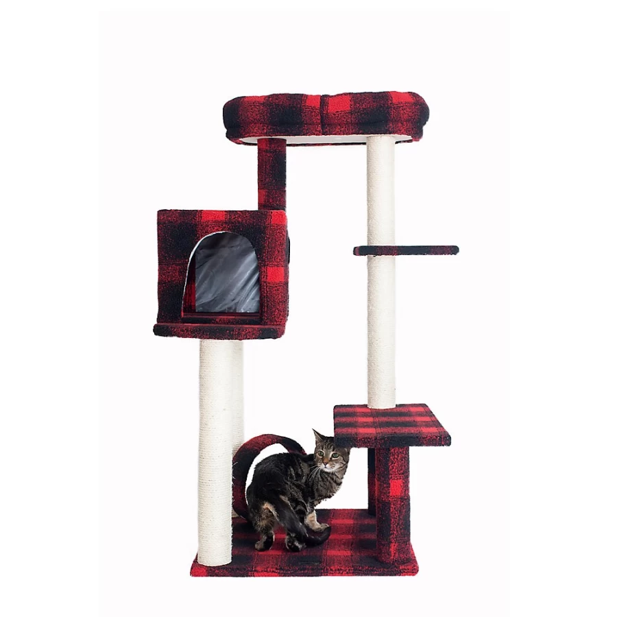 PetSmart Armarkat 50-inch Cat Tree with Faux Fleece Cover, Real Wood Perches, and Red Black Scotch Plaid Design - Cozy Condo for Cats