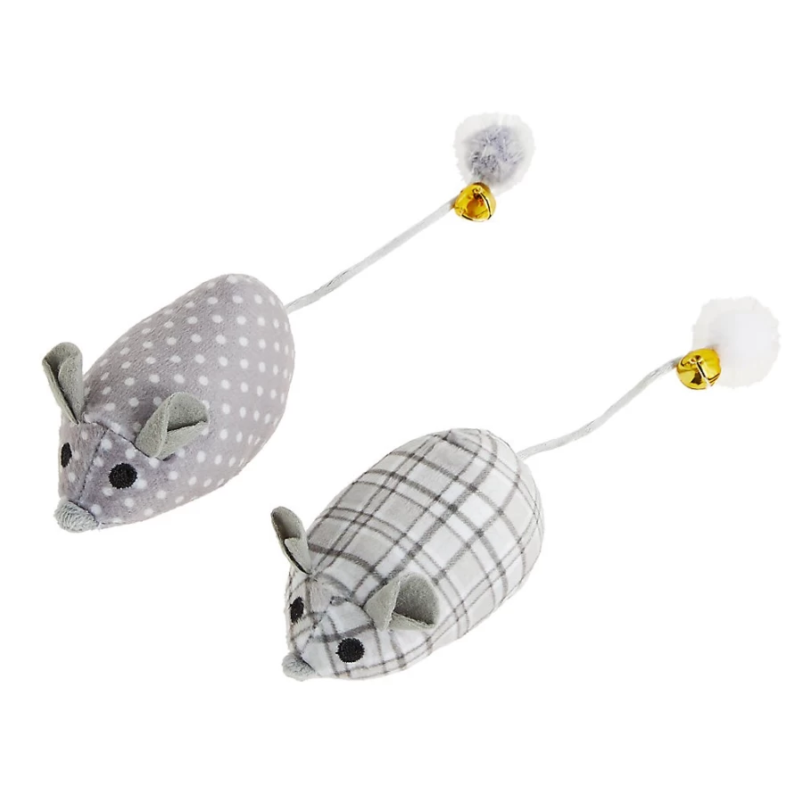 PetSmart Whisker City Polka Dot & Plaid Cat Toys - 2 Pack Grey Mice for Play
