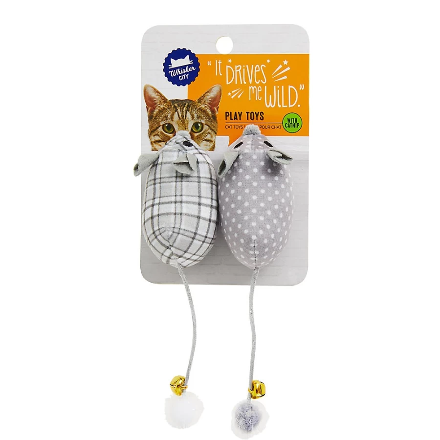 PetSmart Whisker City Polka Dot & Plaid Cat Toys - 2 Pack Grey Mice for Play