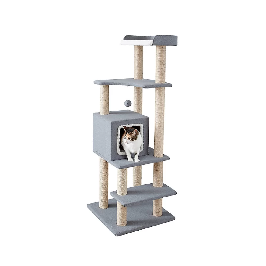 PetSmart Sequoia 51-Inch Grey Felt Cat Tree Condo with Perches - Two by Two Design for Climbing & Scratching