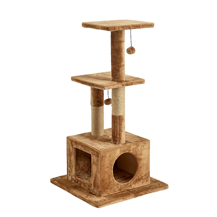 PetSmart Two By Two The Willow 43-inch Faux-Fleece Cat Tree Condo with Perches, Brown - Cozy Climbing Tower for Cats