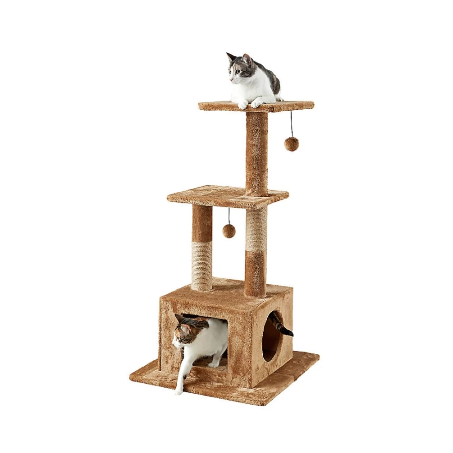 PetSmart Two By Two The Willow 43-inch Faux-Fleece Cat Tree Condo with Perches, Brown - Cozy Climbing Tower for Cats
