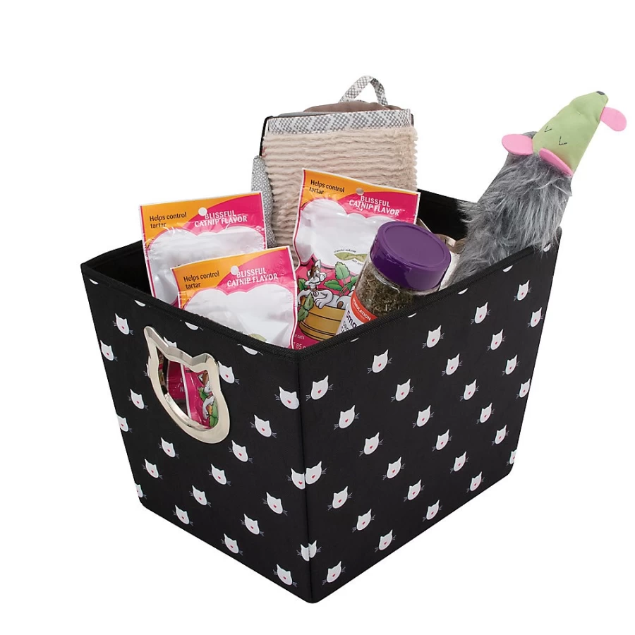 PetSmart Black and White Paw Print Fabric Cat Toy Storage Bin for Pet Organization