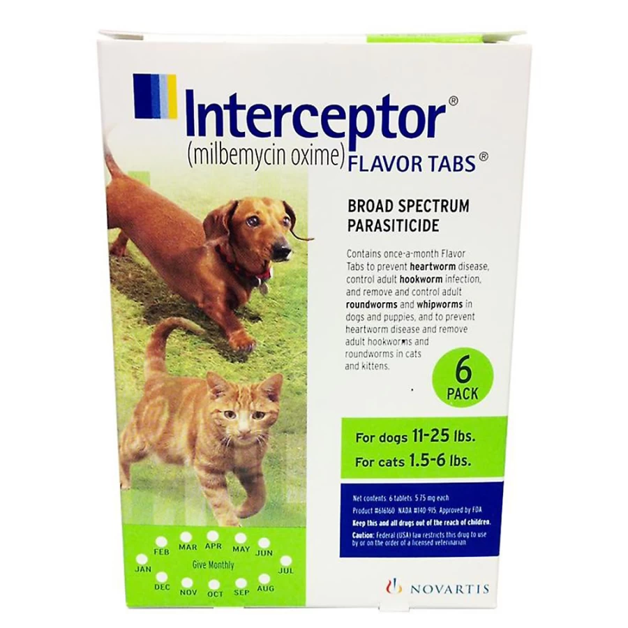"PetSmart Interceptor Flea & Heartworm Prevention for Dogs 11-25 lbs & Cats 1.5-6 lbs - 6 Month or 12 Month Supply (Green)"