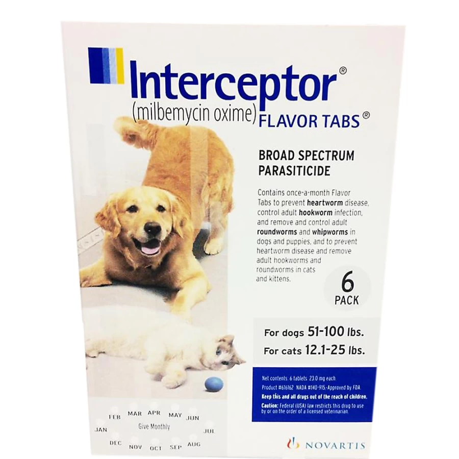 "PetSmart Interceptor Flea & Heartworm Prevention for Dogs 51-100 lbs & Cats 12-25 lbs - 6 or 12 Month Supply"
