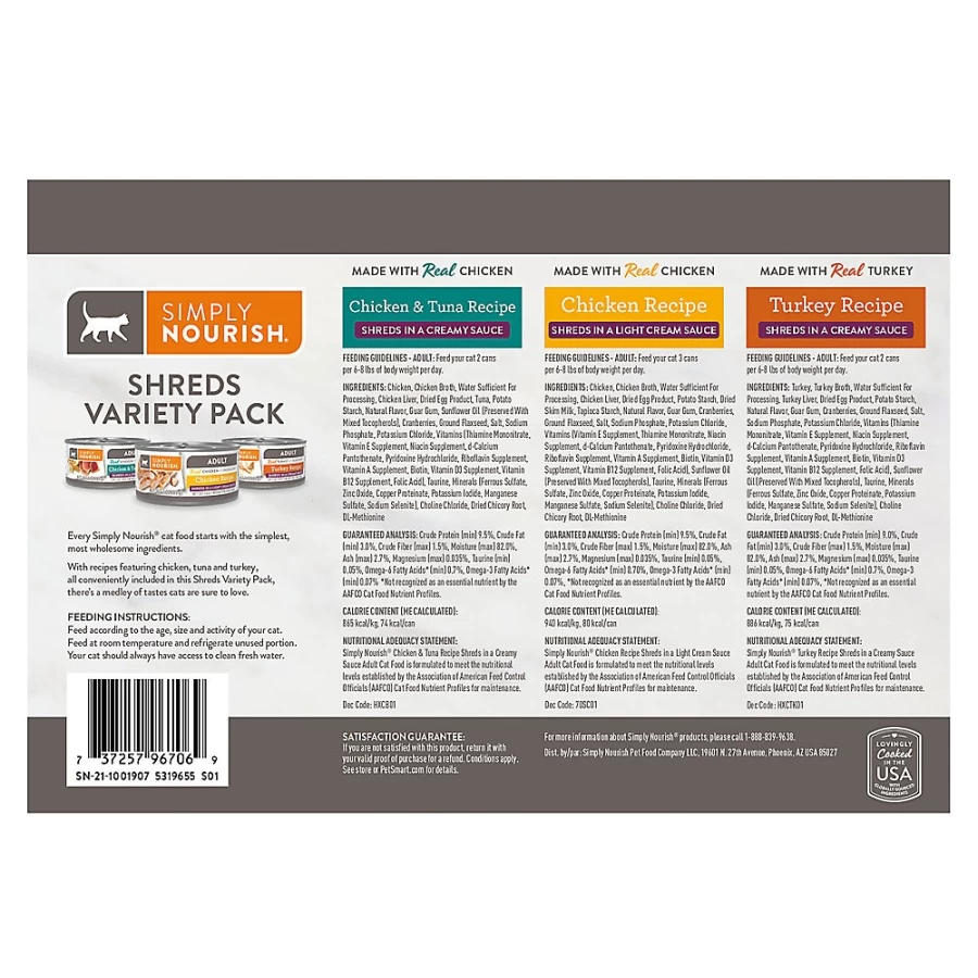 PetSmart Simply Nourish Natural Indoor Cat Wet Food with Grains, Shreds in Creamy Sauce, 36 Oz Can