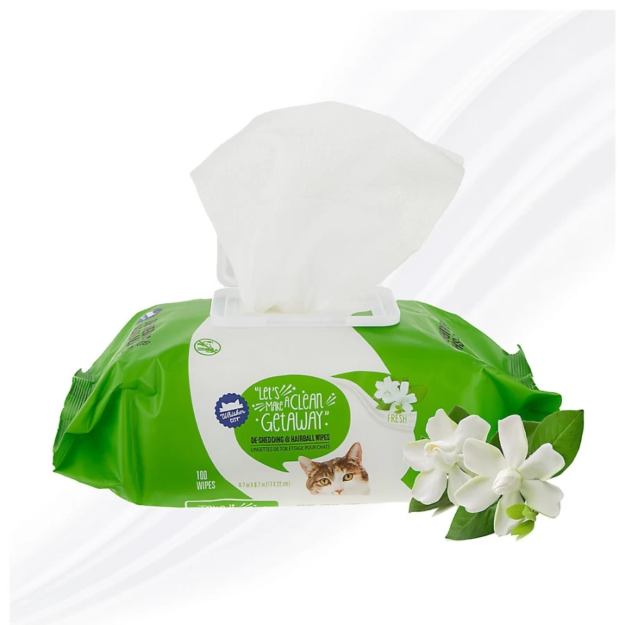 PetSmart Whisker City De-Shedding & Hairball Control Wipes for Cats - 100 Count, Grooming & Shedding Solution