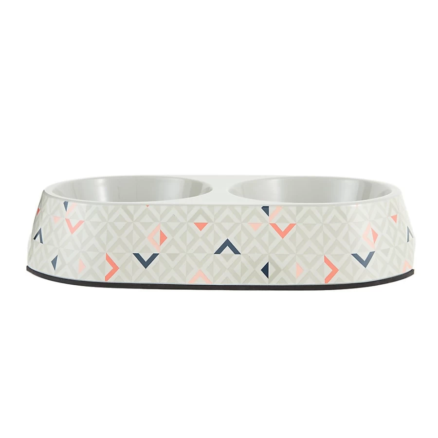 PetSmart Whisker City 3-Cup Double Cat Bowl, Ivory Melamine with Geometric Print, Durable Pet Dish for Food & Water