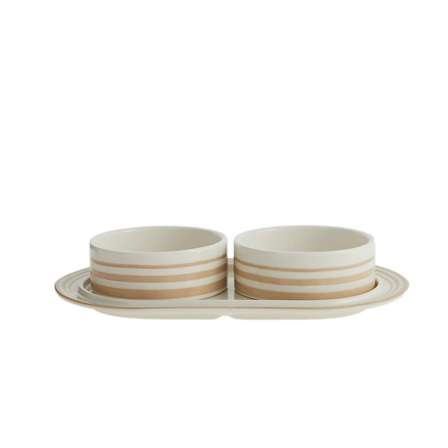 PetSmart Whisker City Cream Stripe Double Diner Cat Bowl for Two Cats