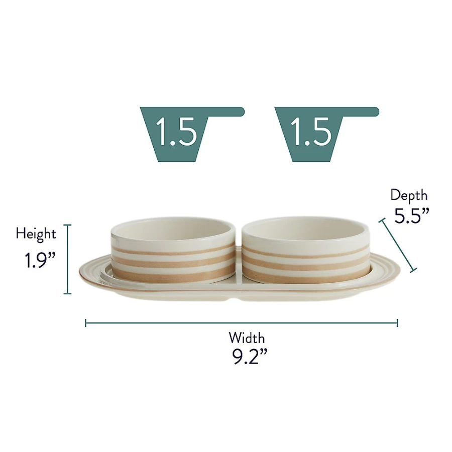 PetSmart Whisker City Cream Stripe Double Diner Cat Bowl for Two Cats