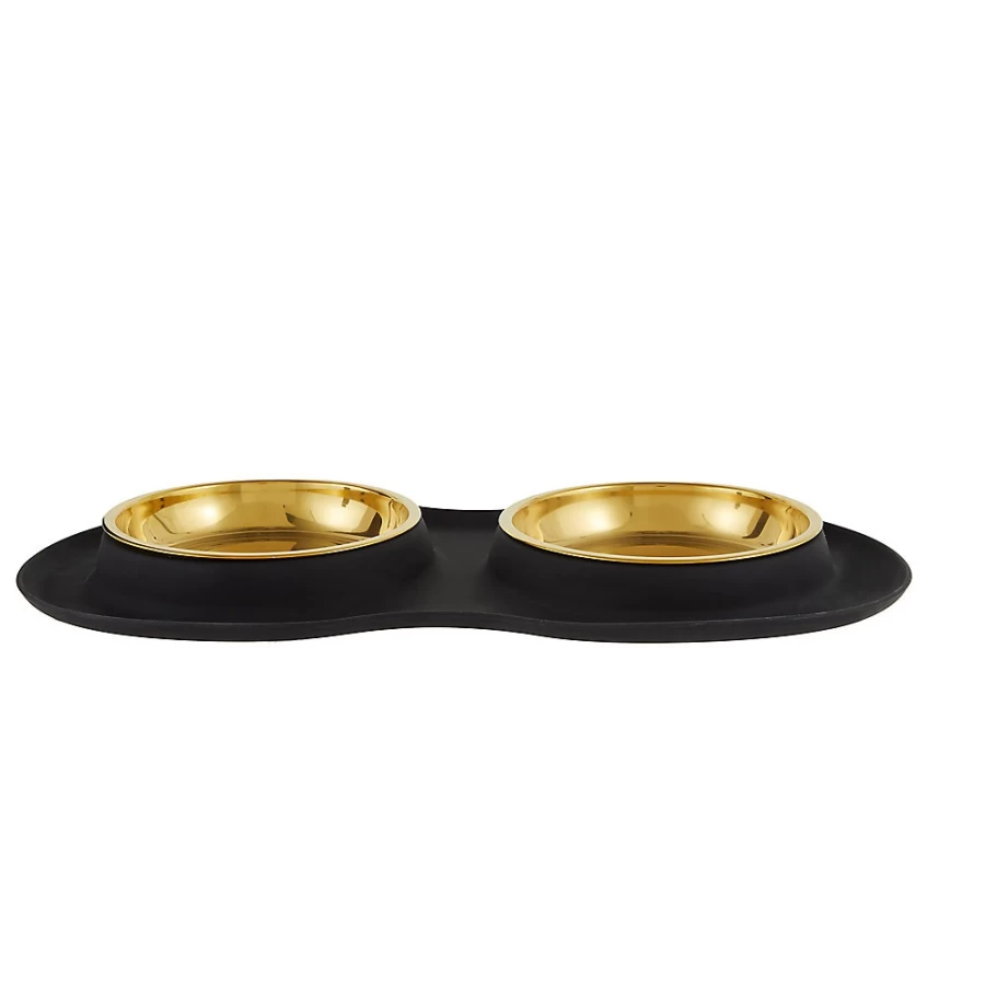 PetSmart Whisker City Double Diner Cat Bowl - Non-Slip Silicone Mat for Food & Water, Black/Gold