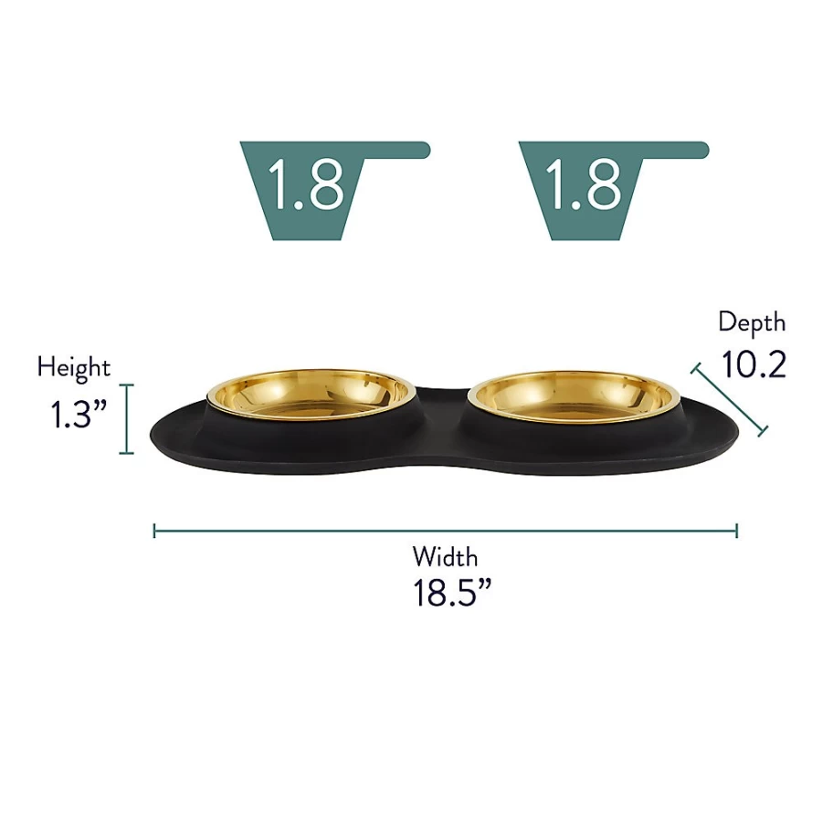 PetSmart Whisker City Double Diner Cat Bowl - Non-Slip Silicone Mat for Food & Water, Black/Gold