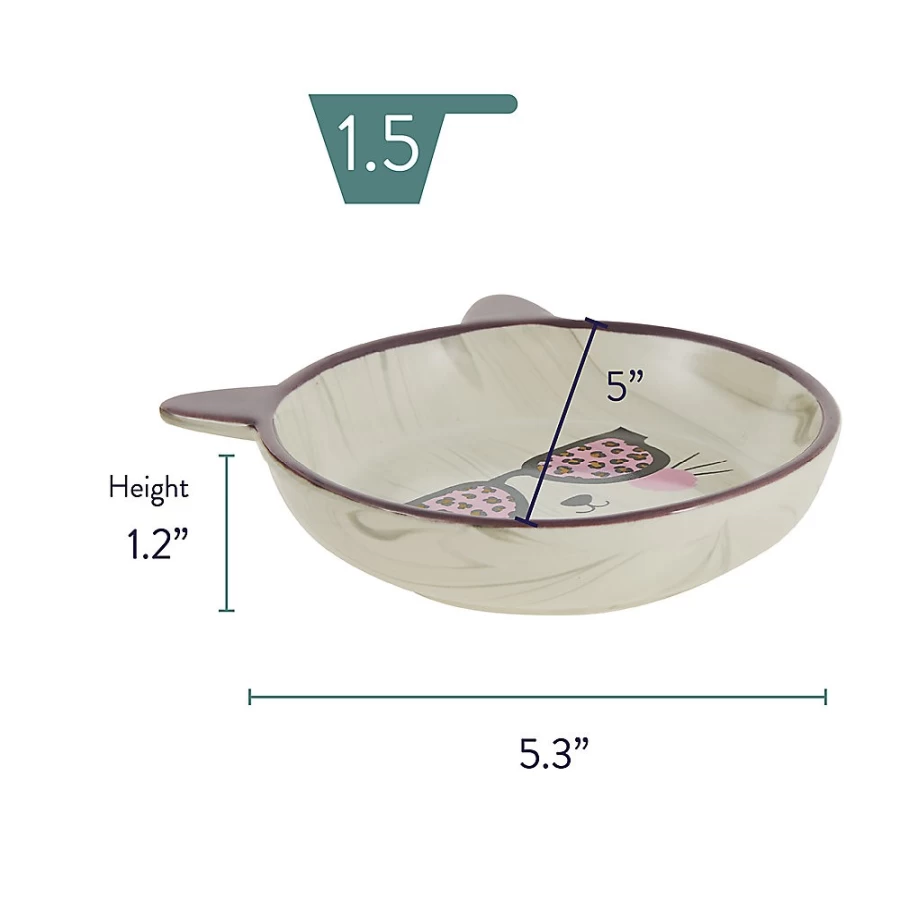 PetSmart Whisker City Ceramic Cat Bowl with Pink Sunglasses Design, 1.5-Cup Capacity Pet Dish