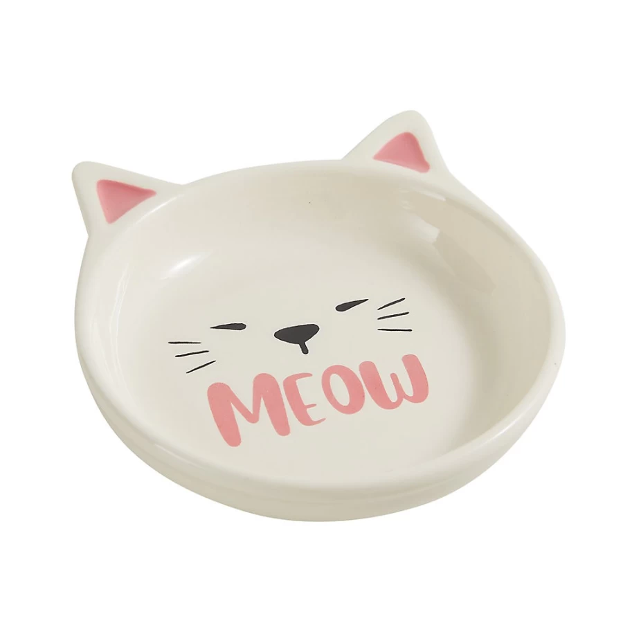PetSmart Whisker City Ceramic Cat Saucer Bowl - 0.75 Cup Cute Kitty Face Design for Food or Water