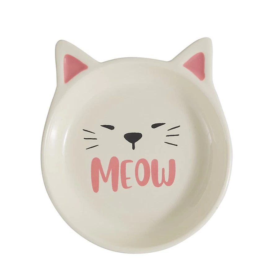 PetSmart Whisker City Ceramic Cat Saucer Bowl - 0.75 Cup Cute Kitty Face Design for Food or Water