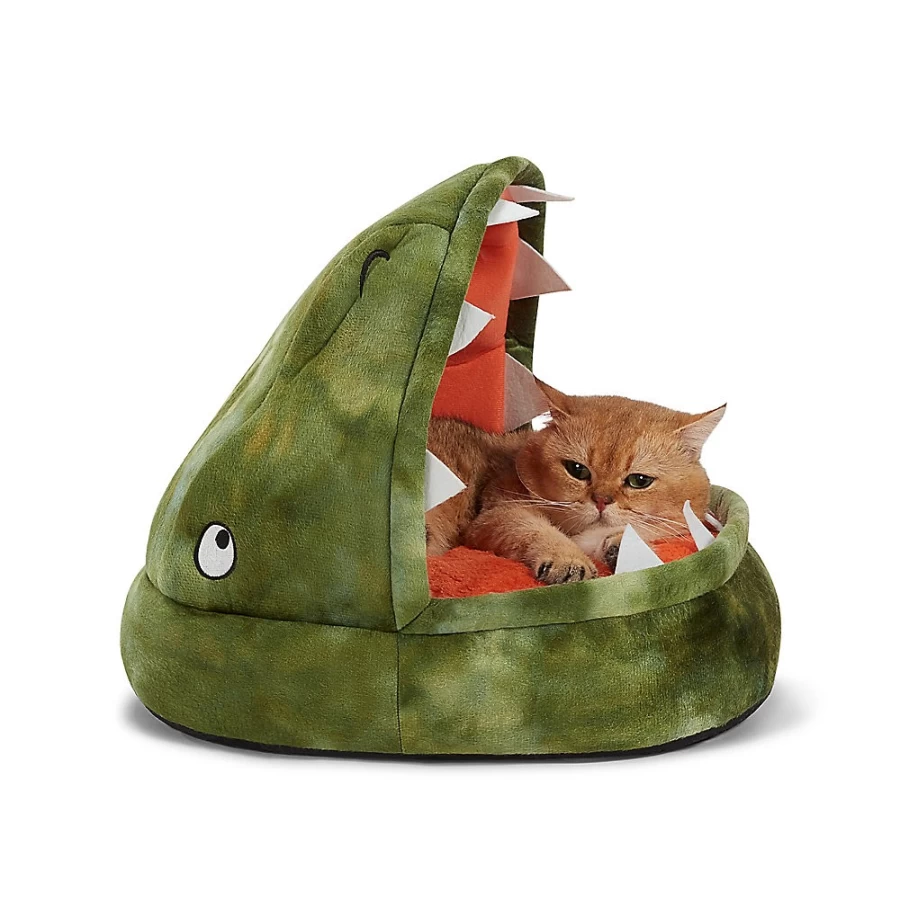 PetSmart Whisker City Elevated Cat Bed - Green Dinosaur Design Cozy Hut for Cats