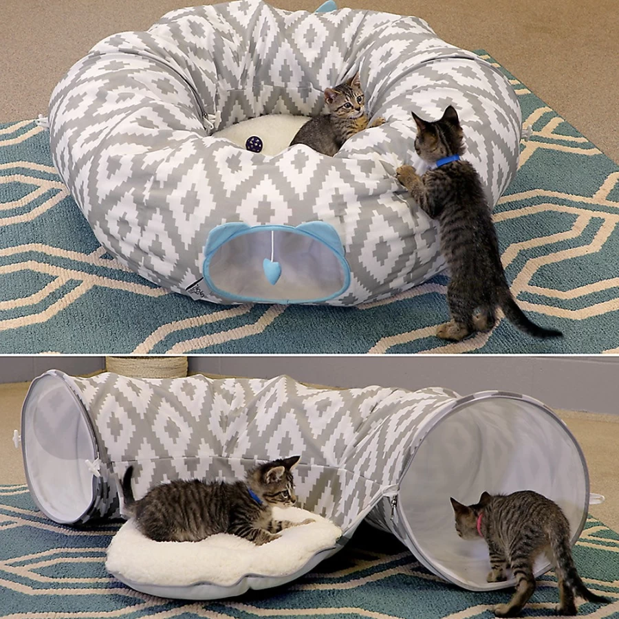 PetSmart Kitty City Cool Gray & White Cat Tunnel Bed for Indoor Cats