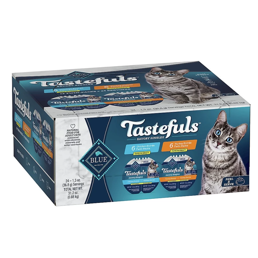 PetSmart Blue Buffalo Tastefuls Spoonless Singles Wet Cat Food Variety Pack - 12 Count, Poultry Cuts in Gravy, Grain-Free Cat Food for Adult Cats