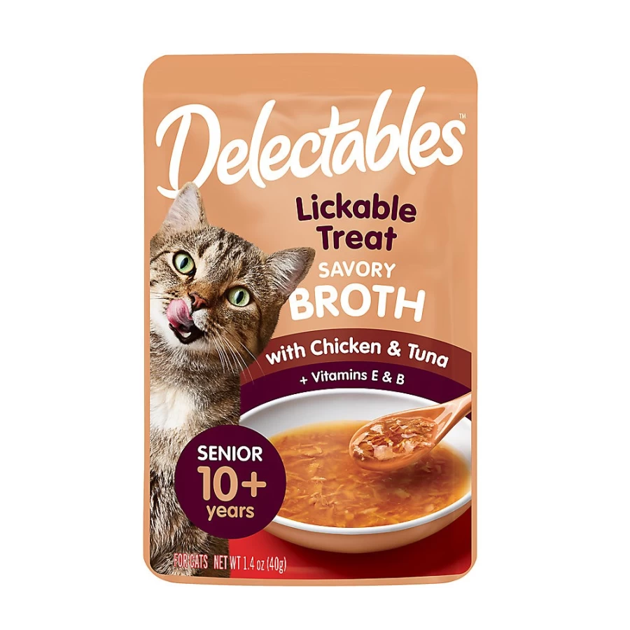 "PetSmart Delectables Savory Broths for Senior Cats - Lickable Chicken & Tuna Flavor Cat Treats"
