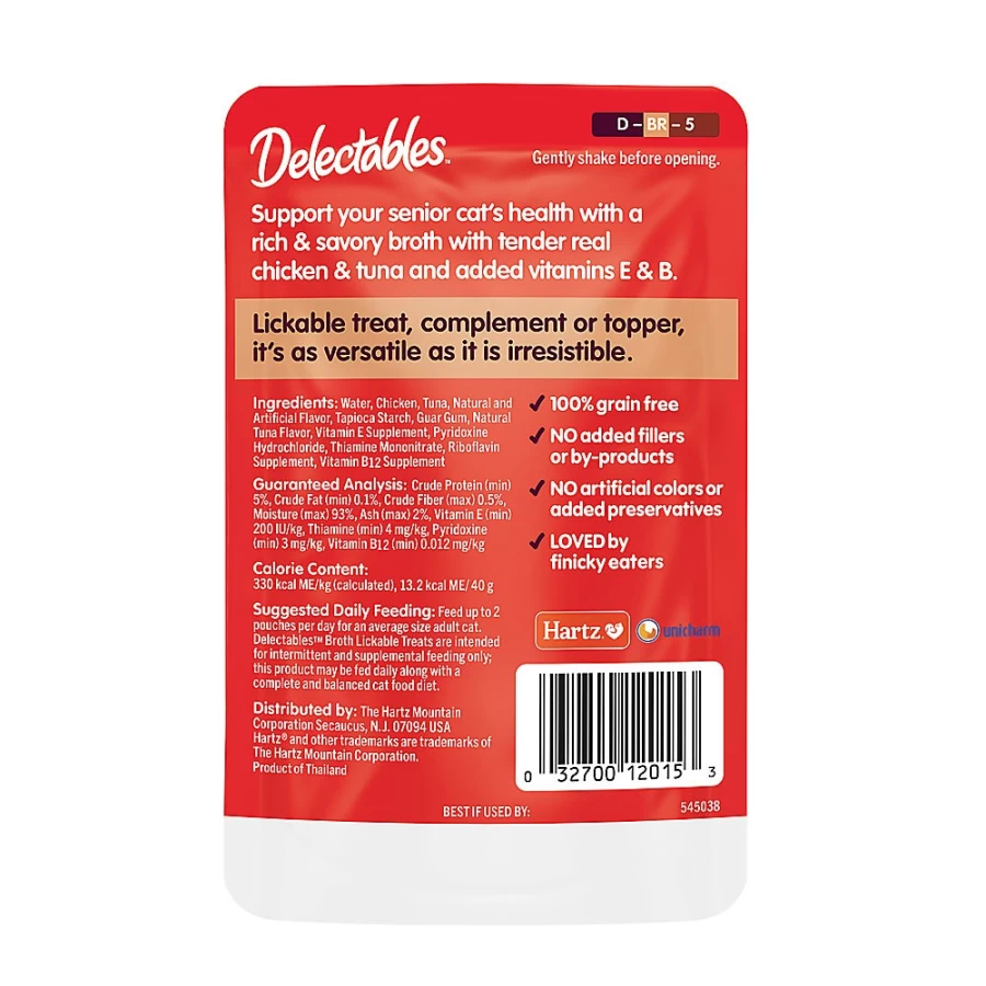 "PetSmart Delectables Savory Broths for Senior Cats - Lickable Chicken & Tuna Flavor Cat Treats"