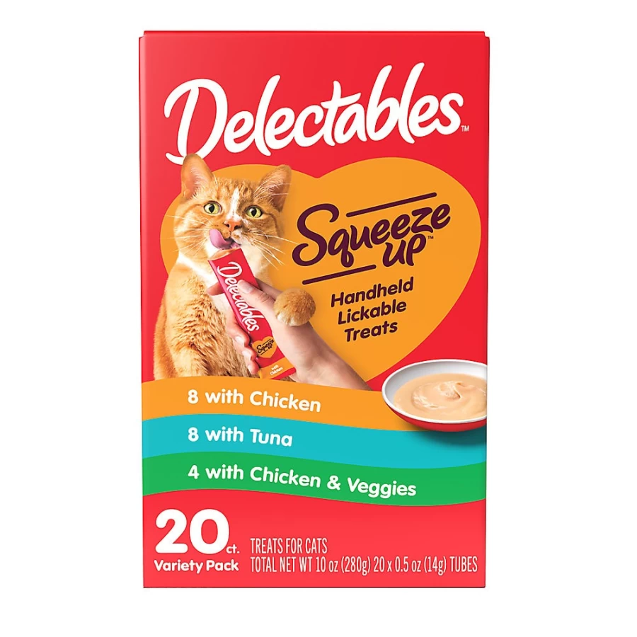 PetSmart Hartz Delectables Squeeze Up Cat Treat Puree Variety Pack - 20 Tubes, Soft Pate Lickable Supplement for Cats