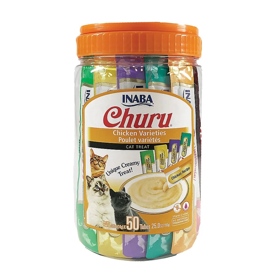 "PetSmart INABA Churu Chicken Puree Cat Treats Variety Pack - 50 Tubes, Grain-Free, Soft Wet Food Topper for Cats"