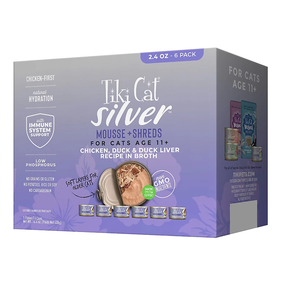 PetSmart Tiki Cat Senior Wet Food Variety Pack - Grain-Free, Natural Mousse & Shreds for Older Cats, 6 Cans