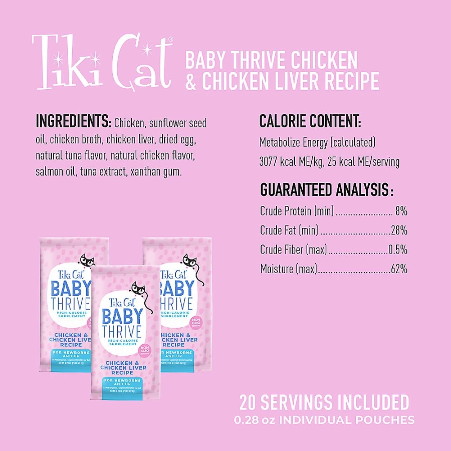 PetSmart Tiki Cat Baby Thrive High-Calorie Kitten Food Supplement - Natural Nutrition for Growing Kittens, 20 Count Pack