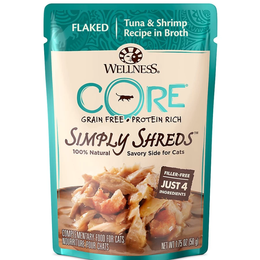 PetSmart Wellness Core Simply Shreds Grain-Free Natural Wet Cat Food Topper, 1.75 oz Pouch for Enhanced Flavor & Nutrition