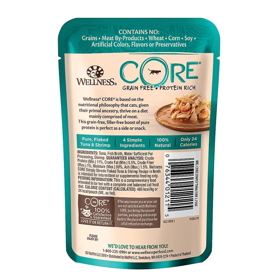 PetSmart Wellness Core Simply Shreds Grain-Free Natural Wet Cat Food Topper, 1.75 oz Pouch for Enhanced Flavor & Nutrition