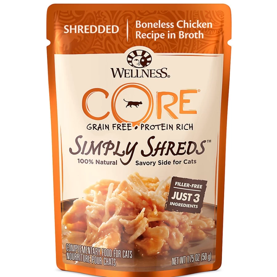 PetSmart Wellness Core Simply Shreds Grain-Free Natural Wet Cat Food Topper, 1.75 oz Pouch for Enhanced Nutrition