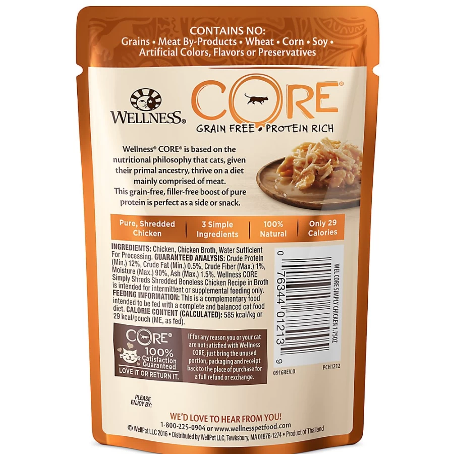 PetSmart Wellness Core Simply Shreds Grain-Free Natural Wet Cat Food Topper, 1.75 oz Pouch for Enhanced Nutrition