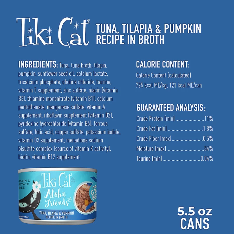 PetSmart Tiki Cat Aloha Friends Grain-Free Wet Cat Food - Non-GMO, Potato Free, 5.5oz Can, High Protein Natural Recipe for Cats