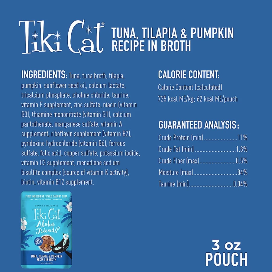 PetSmart Tiki Cat Aloha Friends Grain-Free Wet Cat Food Pouch - Tuna & Tilapia with Pumpkin in Broth, Healthy Fish Recipe for Cats